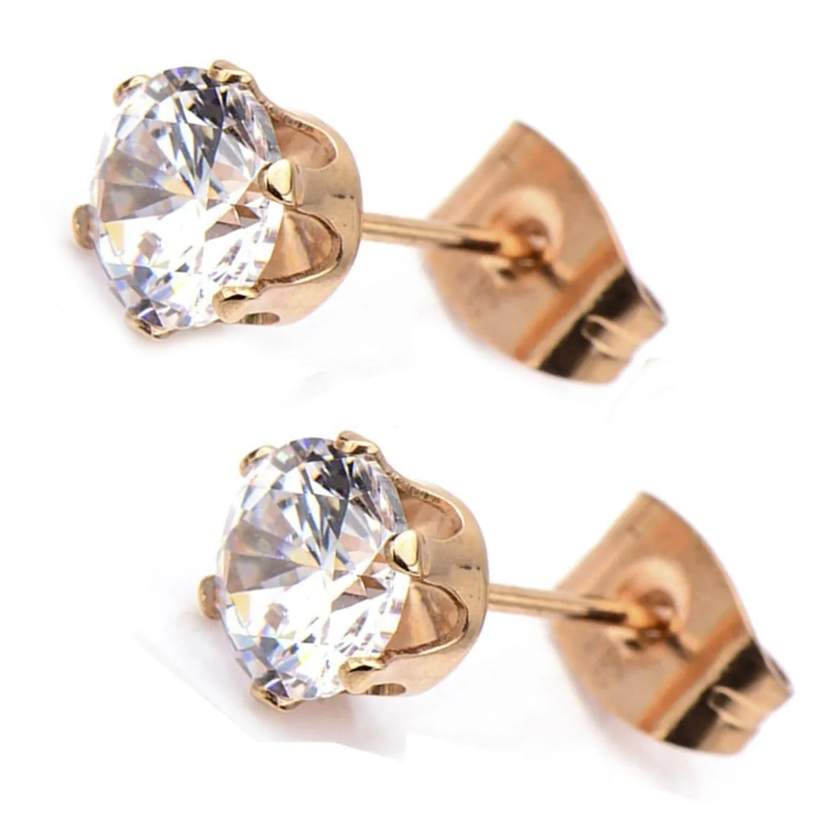 Rose Tone Stainless Steel Six Prong CZ Solitaire Studs