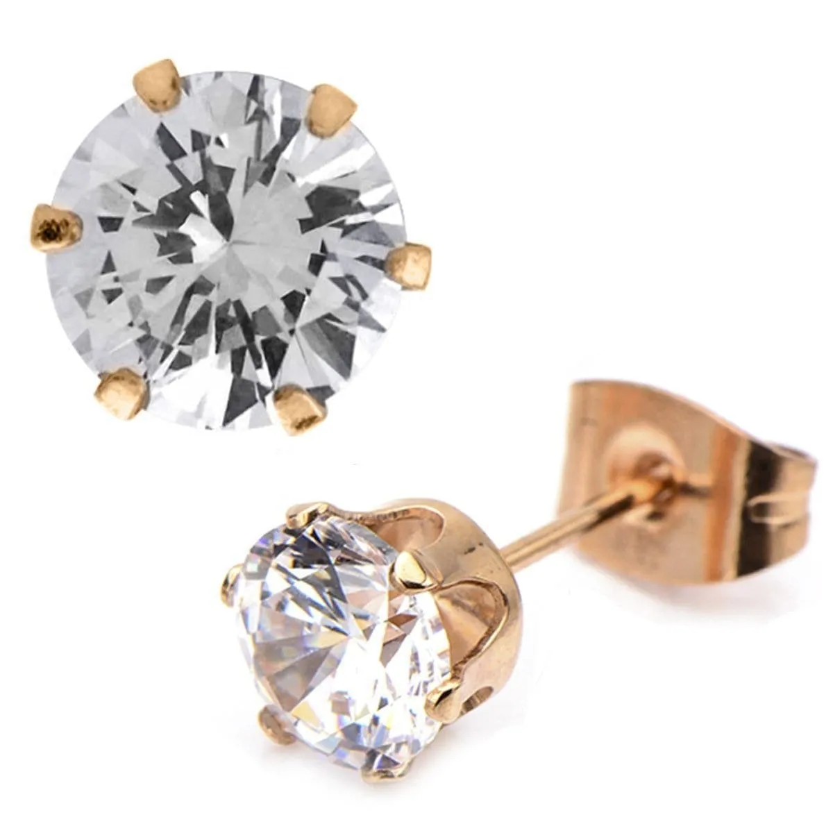 Rose Tone Stainless Steel Six Prong CZ Solitaire Studs