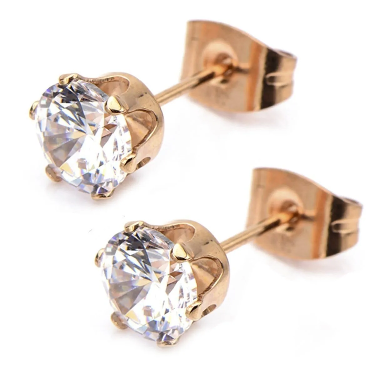 Rose Tone Stainless Steel Six Prong CZ Solitaire Studs