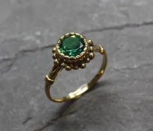 Round Emerald Gold Ring, Flower Emerald Ring, Emerald Vintage Ring