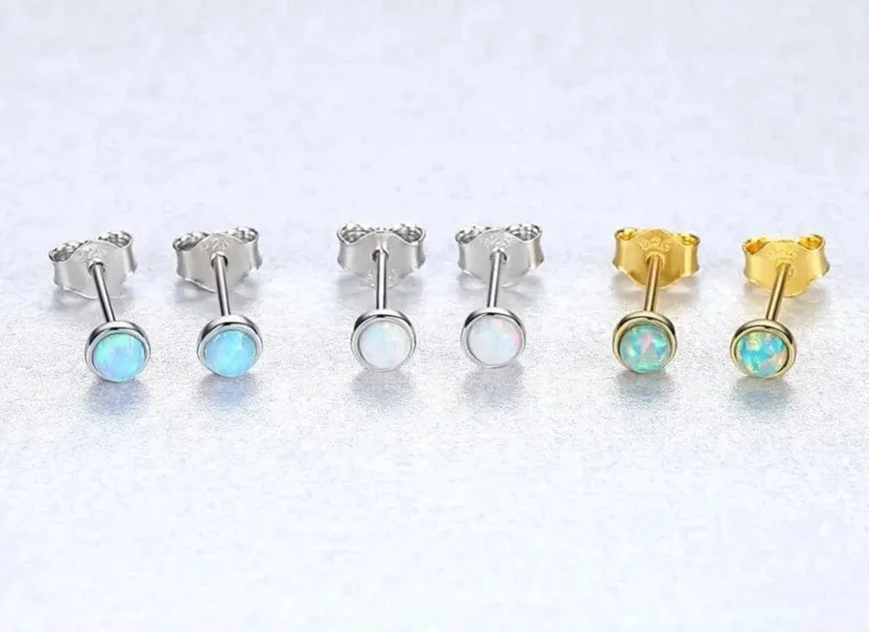 Round Opal Stud Earrings 4mm 925 Sterling Silver 14K Gold Plated