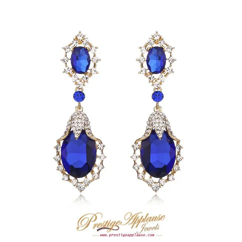 Royal Blue Beautiful Crystal Statement Tear Drop 18K Gold Plated Earring