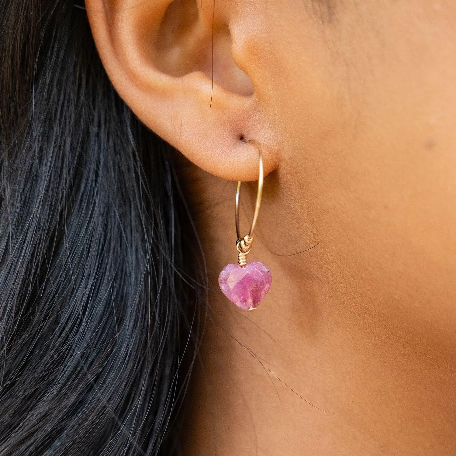 Ruby Crystal Heart Dangle Hoop Earrings