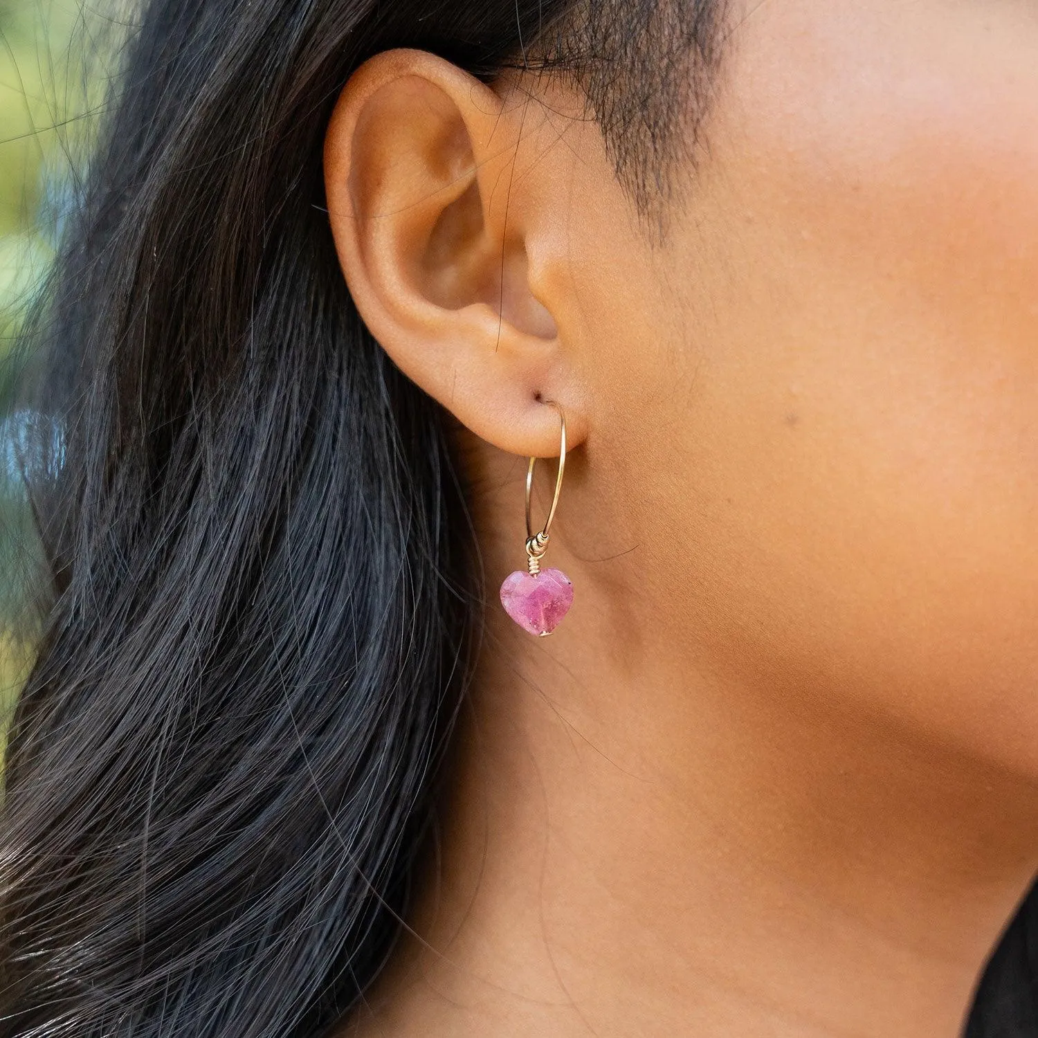 Ruby Crystal Heart Dangle Hoop Earrings