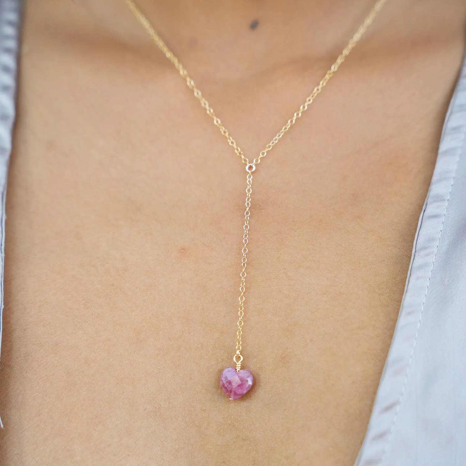 Ruby Crystal Heart Lariat Necklace