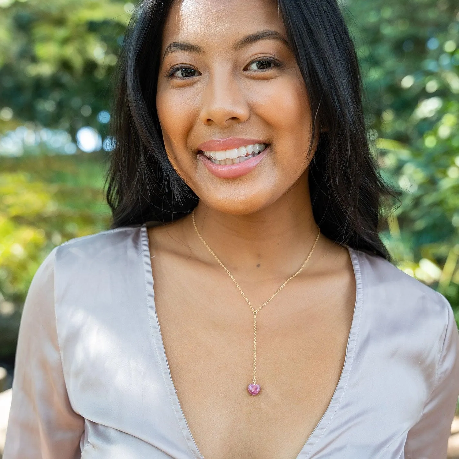 Ruby Crystal Heart Lariat Necklace