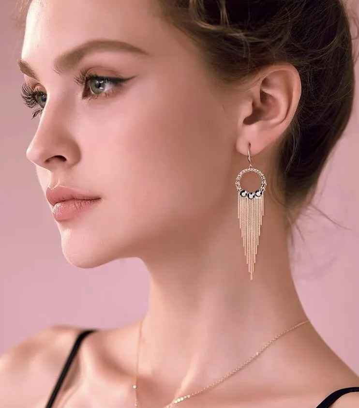 S925 Sterling Silver Post Gold-tone Bohemia Hoop Crystal Tassel Dangle Earrings