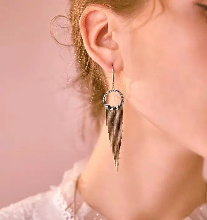 S925 Sterling Silver Post Gold-tone Bohemia Hoop Crystal Tassel Dangle Earrings
