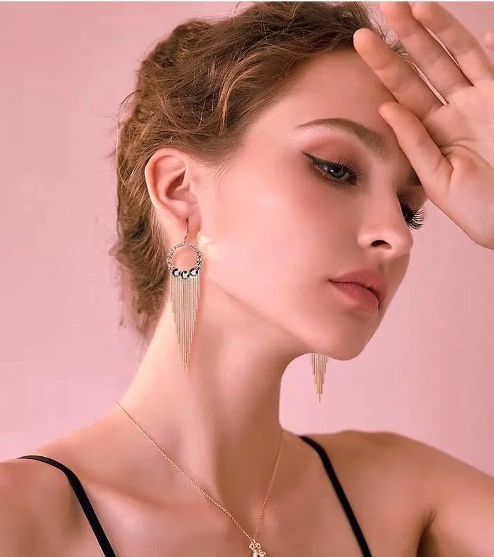 S925 Sterling Silver Post Gold-tone Bohemia Hoop Crystal Tassel Dangle Earrings