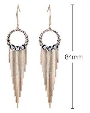 S925 Sterling Silver Post Gold-tone Bohemia Hoop Crystal Tassel Dangle Earrings