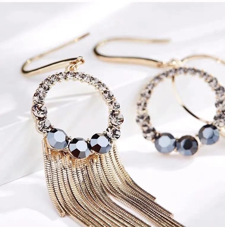 S925 Sterling Silver Post Gold-tone Bohemia Hoop Crystal Tassel Dangle Earrings