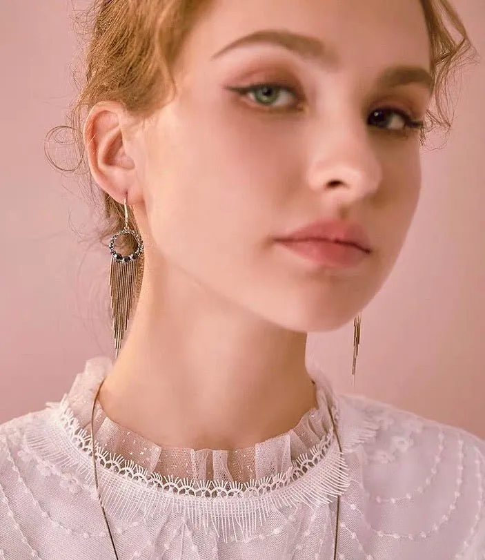 S925 Sterling Silver Post Gold-tone Bohemia Hoop Crystal Tassel Dangle Earrings