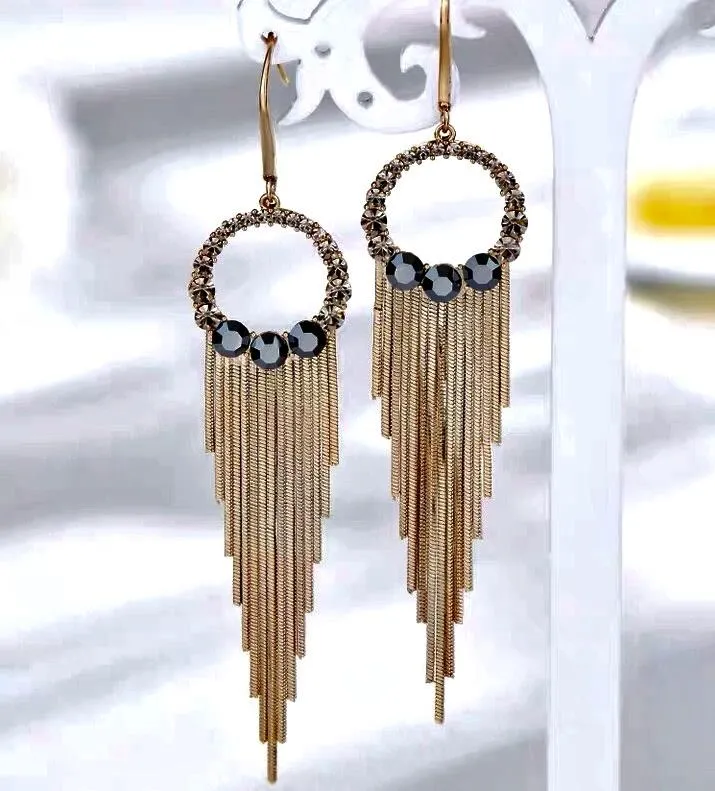 S925 Sterling Silver Post Gold-tone Bohemia Hoop Crystal Tassel Dangle Earrings