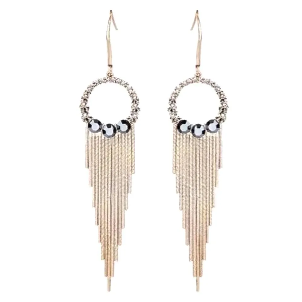 S925 Sterling Silver Post Gold-tone Bohemia Hoop Crystal Tassel Dangle Earrings