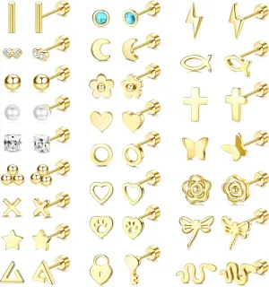 Sanfenly 24 Pairs Stainless Steel Stud Earrings Set for Women Men 20G Tiny Small Cartilage Helix Earrings Screw Back Earrings Hypoallergenic Flat Back Earrings Piercing Jewely
