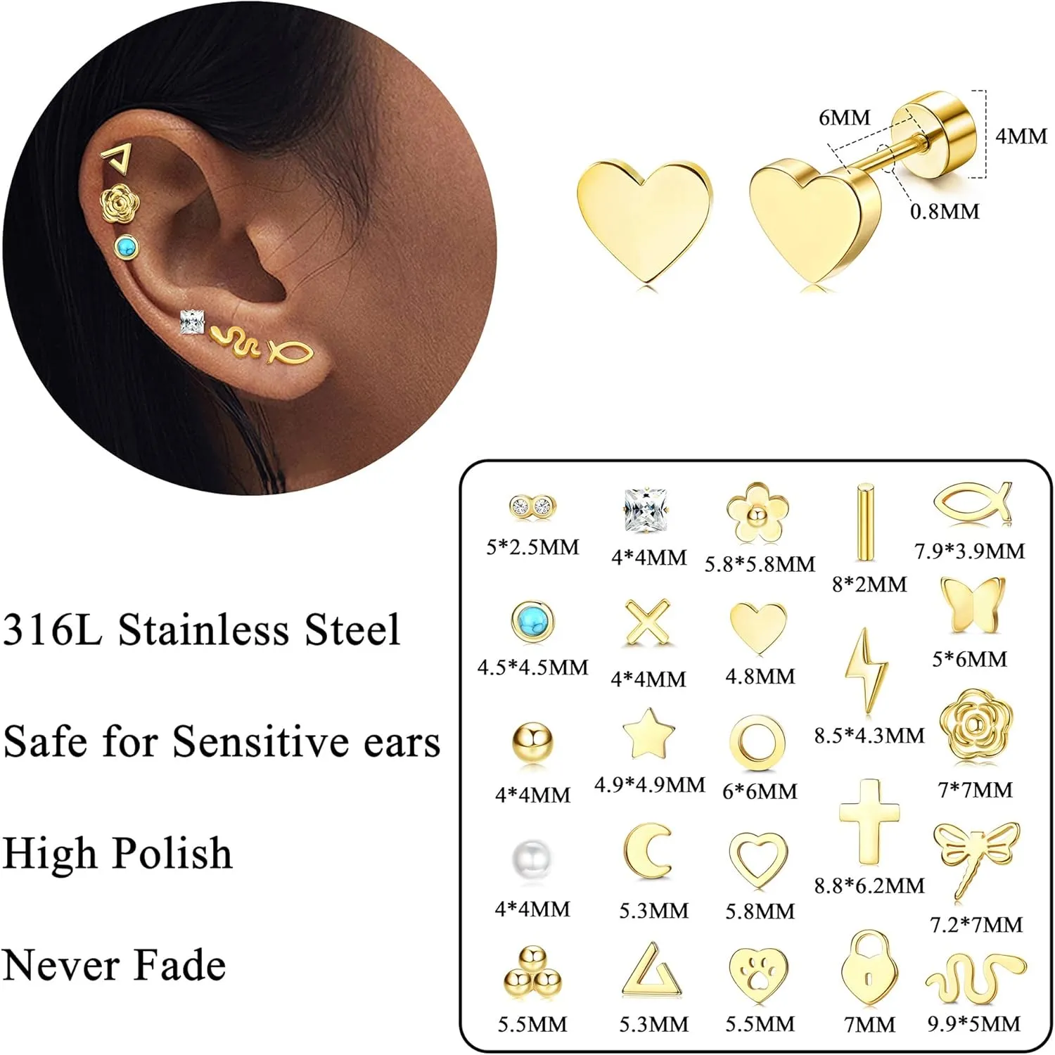 Sanfenly 24 Pairs Stainless Steel Stud Earrings Set for Women Men 20G Tiny Small Cartilage Helix Earrings Screw Back Earrings Hypoallergenic Flat Back Earrings Piercing Jewely