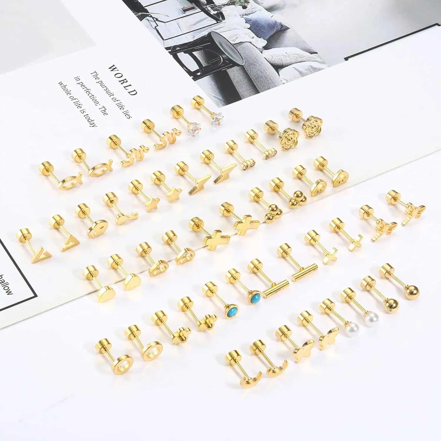Sanfenly 24 Pairs Stainless Steel Stud Earrings Set for Women Men 20G Tiny Small Cartilage Helix Earrings Screw Back Earrings Hypoallergenic Flat Back Earrings Piercing Jewely