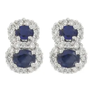 Sapphire & Diamond Double Cluster Stud Earrings | 18K White Gold