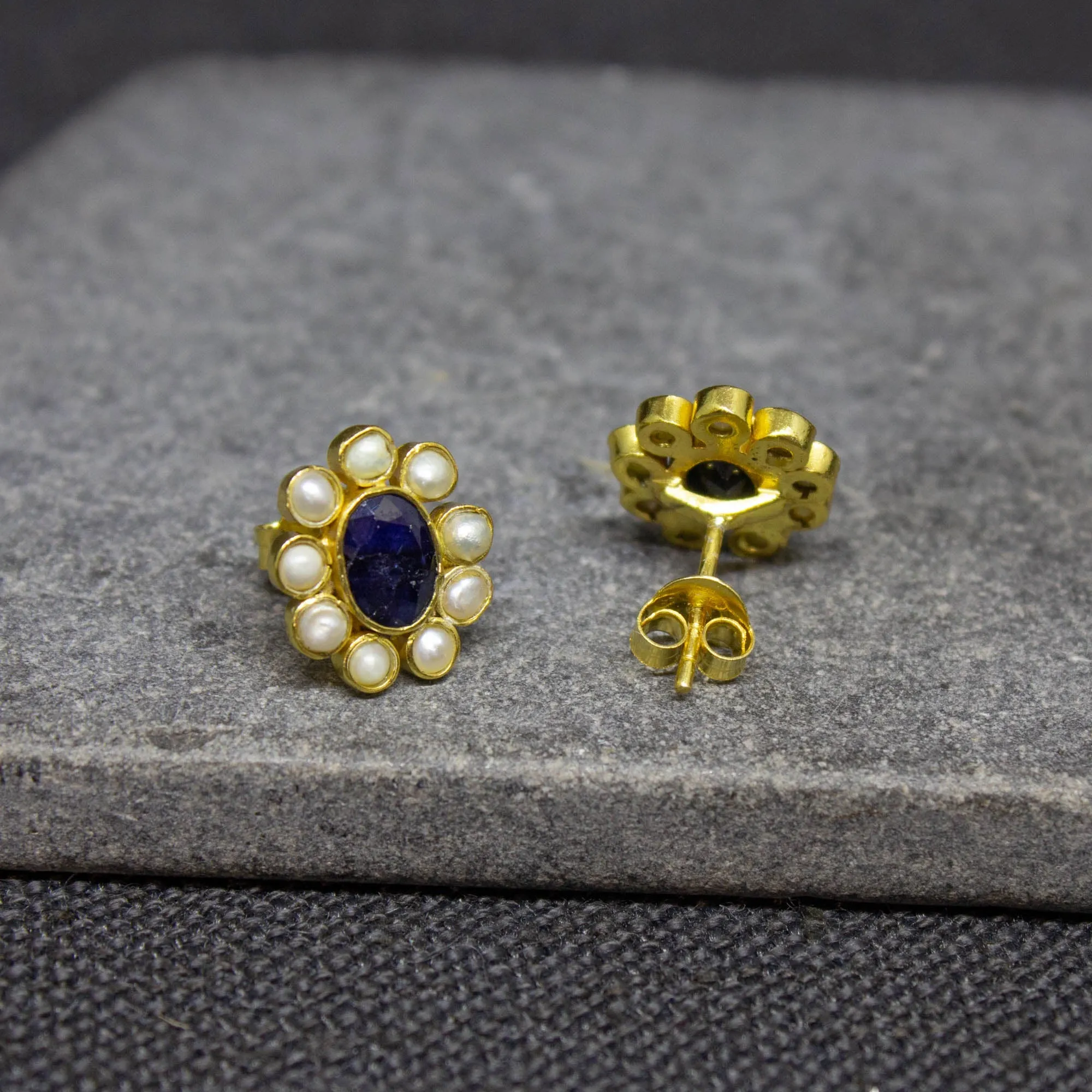 Sapphire and Pearl Stud Earrings in Gold Vermeil