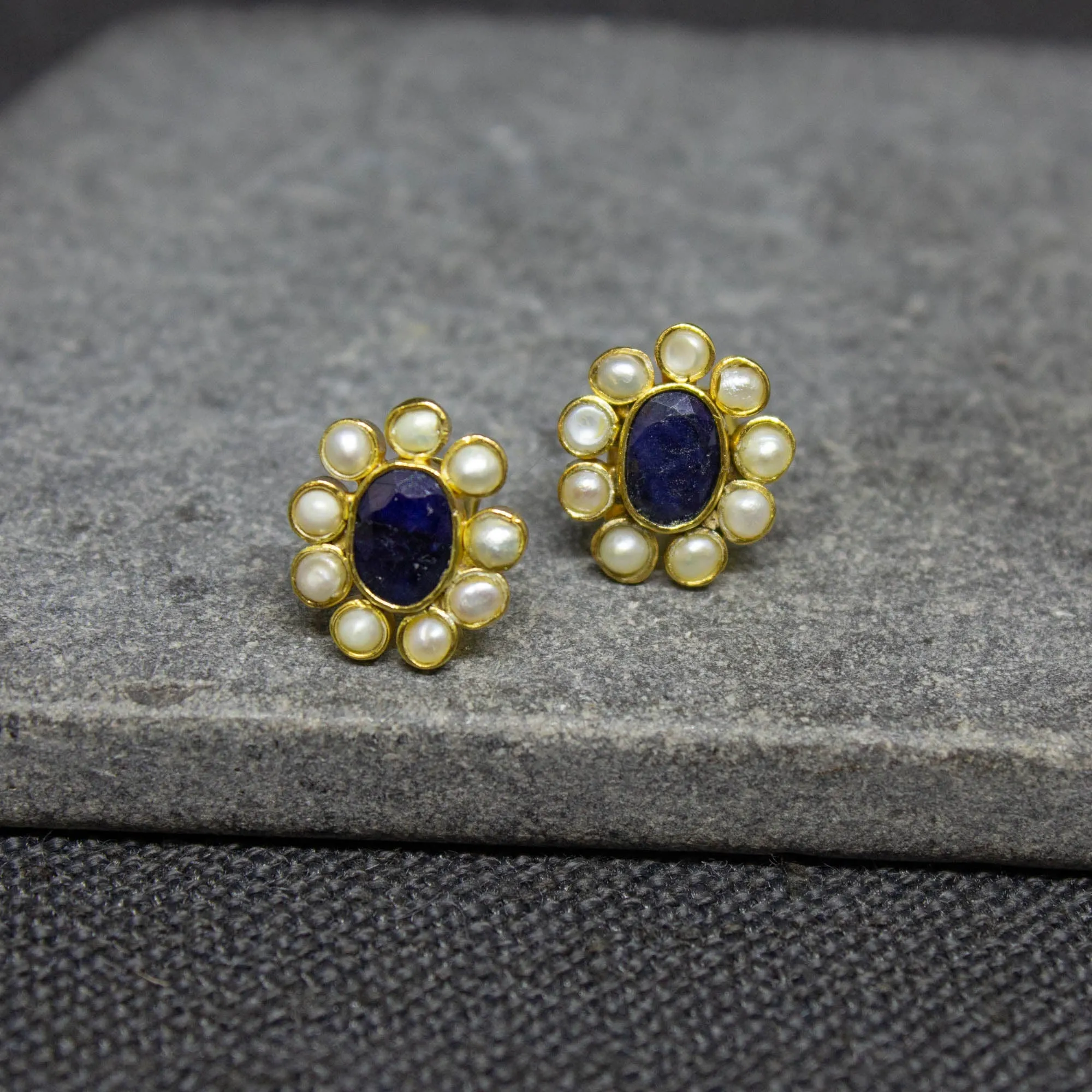 Sapphire and Pearl Stud Earrings in Gold Vermeil
