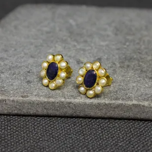 Sapphire and Pearl Stud Earrings in Gold Vermeil