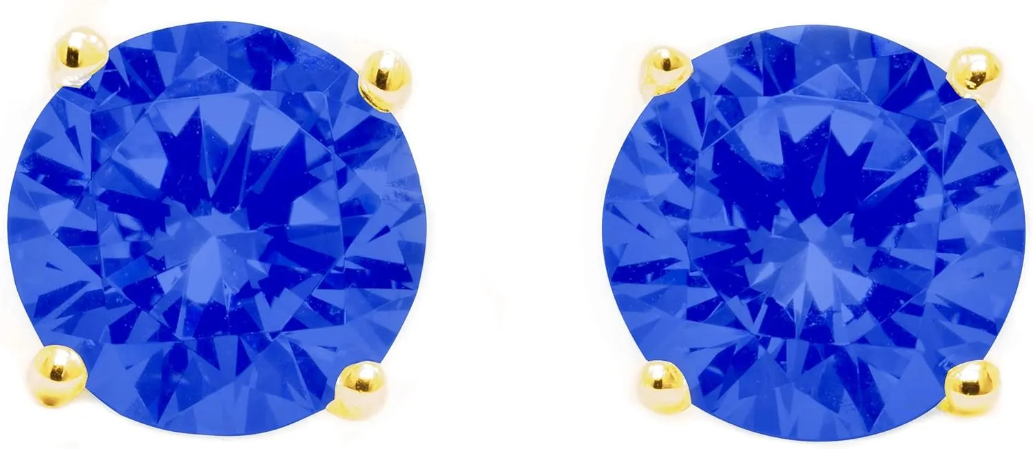 Sapphire Blue Studs, Round Cut Diamond Earrings, Solid 14K Yellow, Rose Gold Earrings, 1.0-4.0 T.W. Created Diamond Solid Gold Screw Backs