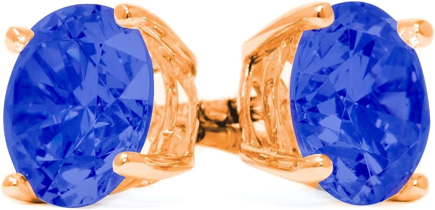 Sapphire Blue Studs, Round Cut Diamond Earrings, Solid 14K Yellow, Rose Gold Earrings, 1.0-4.0 T.W. Created Diamond Solid Gold Screw Backs