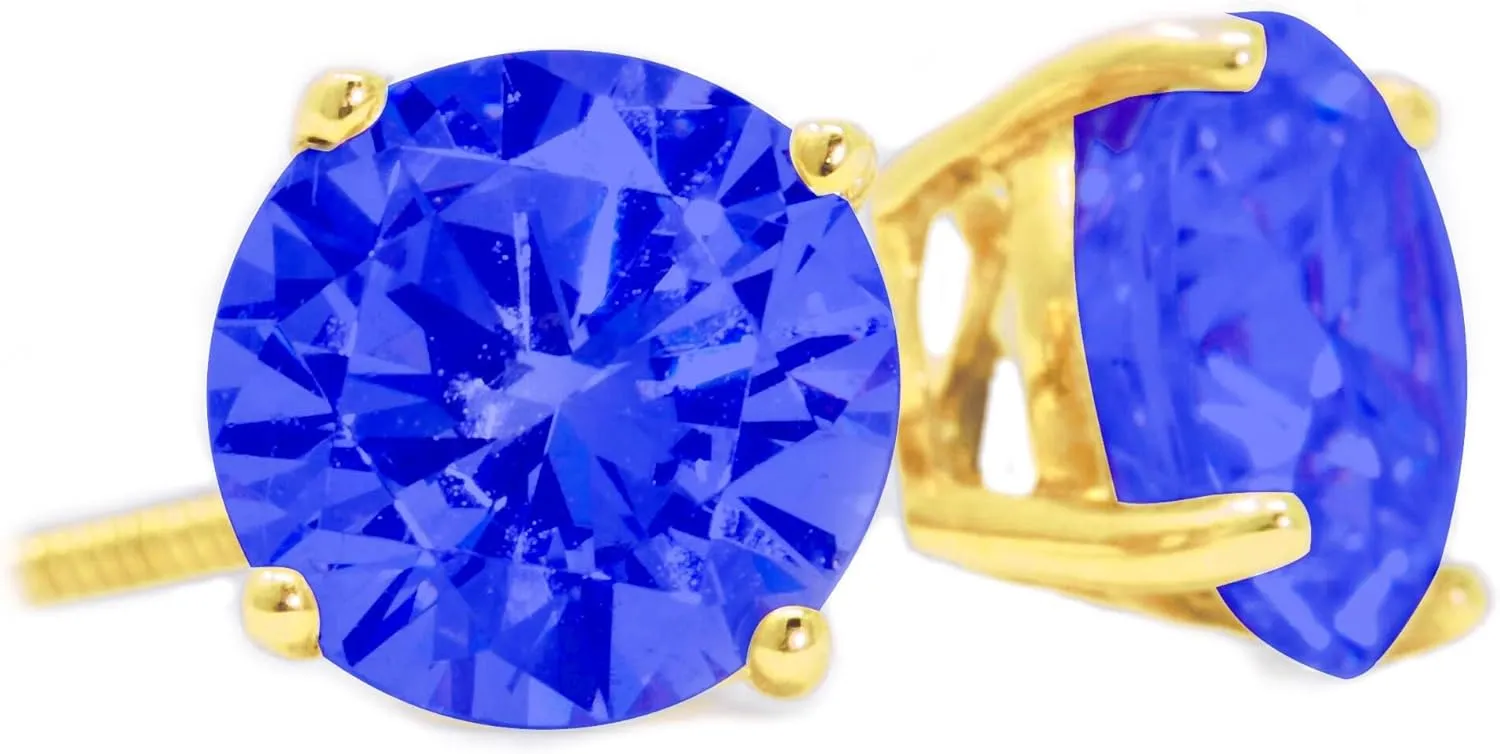 Sapphire Blue Studs, Round Cut Diamond Earrings, Solid 14K Yellow, Rose Gold Earrings, 1.0-4.0 T.W. Created Diamond Solid Gold Screw Backs