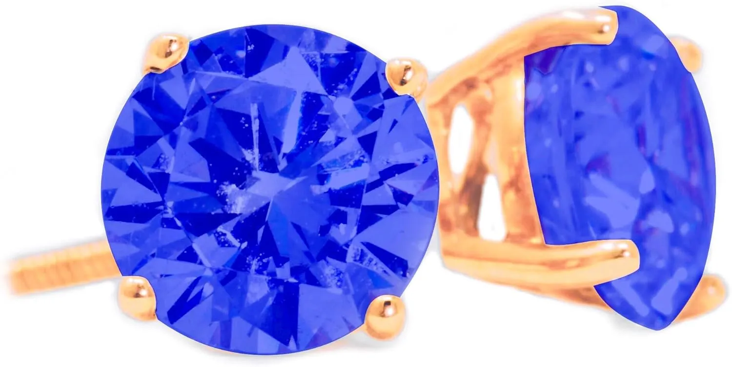 Sapphire Blue Studs, Round Cut Diamond Earrings, Solid 14K Yellow, Rose Gold Earrings, 1.0-4.0 T.W. Created Diamond Solid Gold Screw Backs