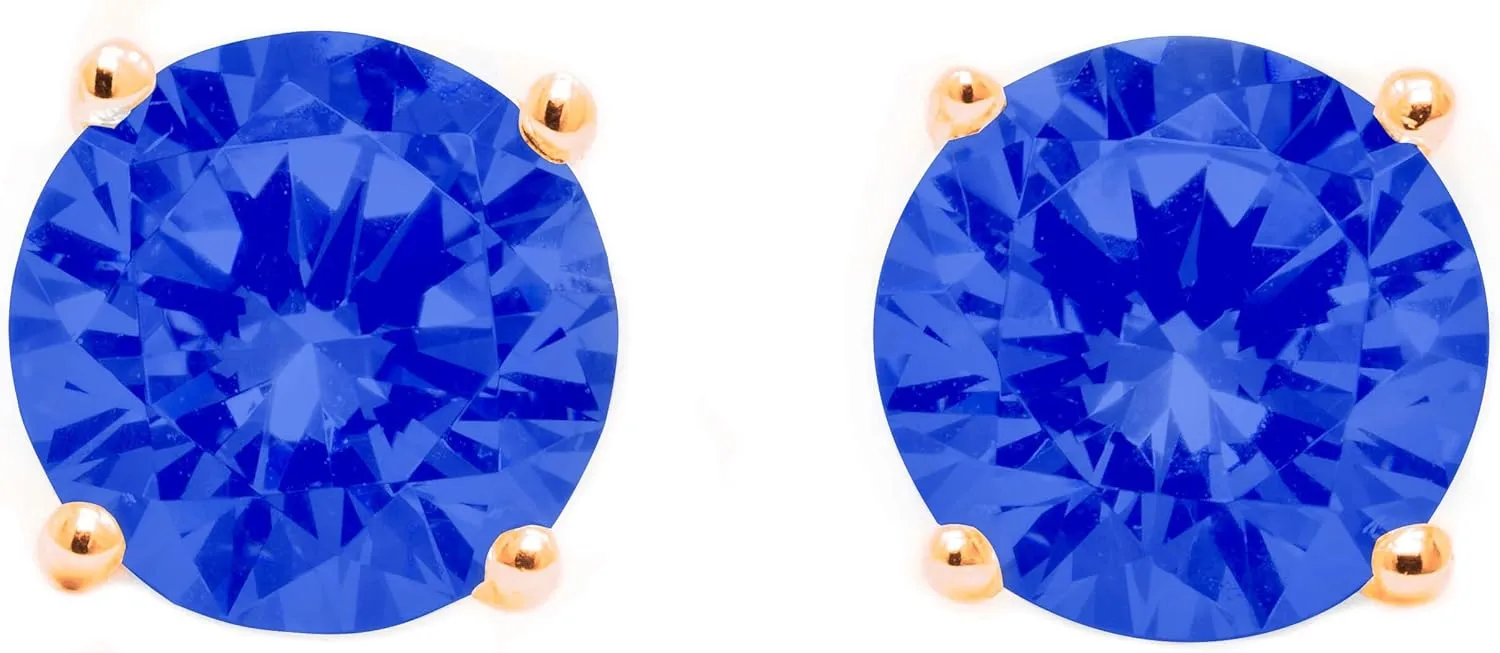 Sapphire Blue Studs, Round Cut Diamond Earrings, Solid 14K Yellow, Rose Gold Earrings, 1.0-4.0 T.W. Created Diamond Solid Gold Screw Backs