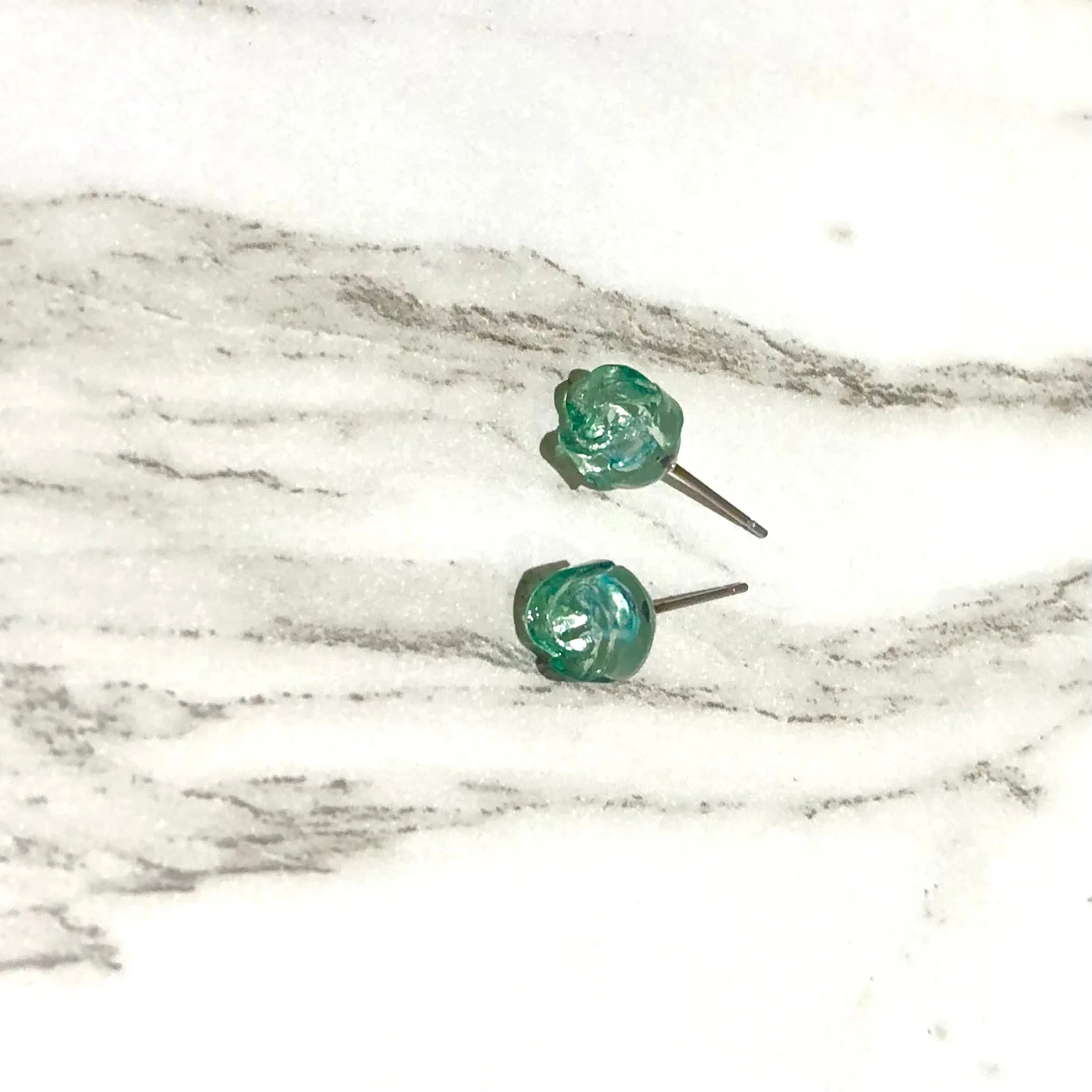 Seafoam Carved Lucite Rose Stud Earrings