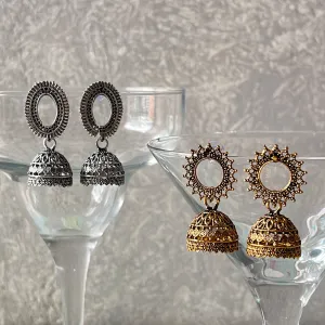 Set Of Two Oxidized Silver & Gold Toned Jhumka Drop Earrings