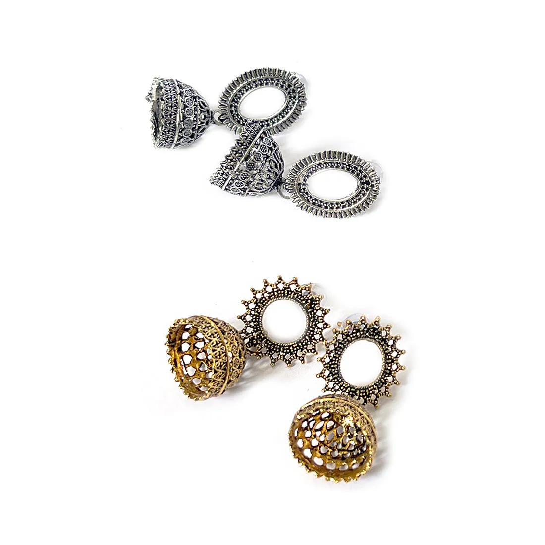 Set Of Two Oxidized Silver & Gold Toned Jhumka Drop Earrings