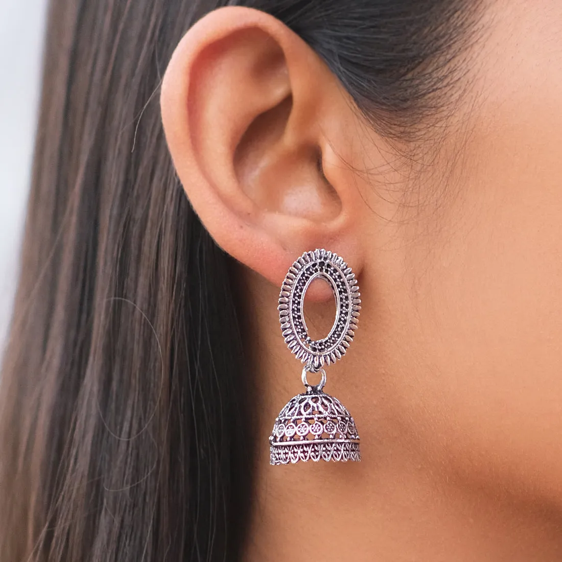 Set Of Two Oxidized Silver & Gold Toned Jhumka Drop Earrings