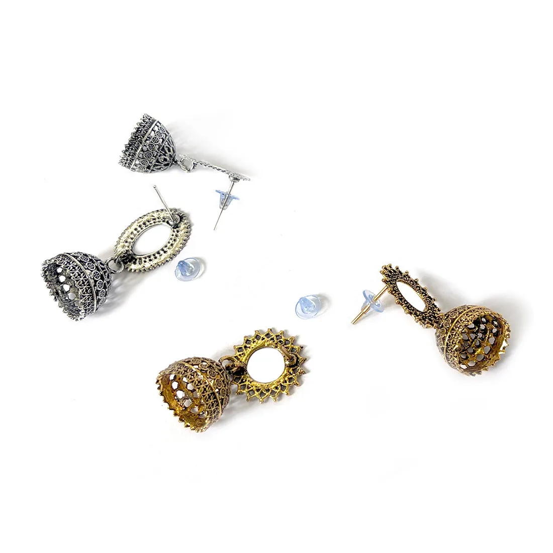 Set Of Two Oxidized Silver & Gold Toned Jhumka Drop Earrings
