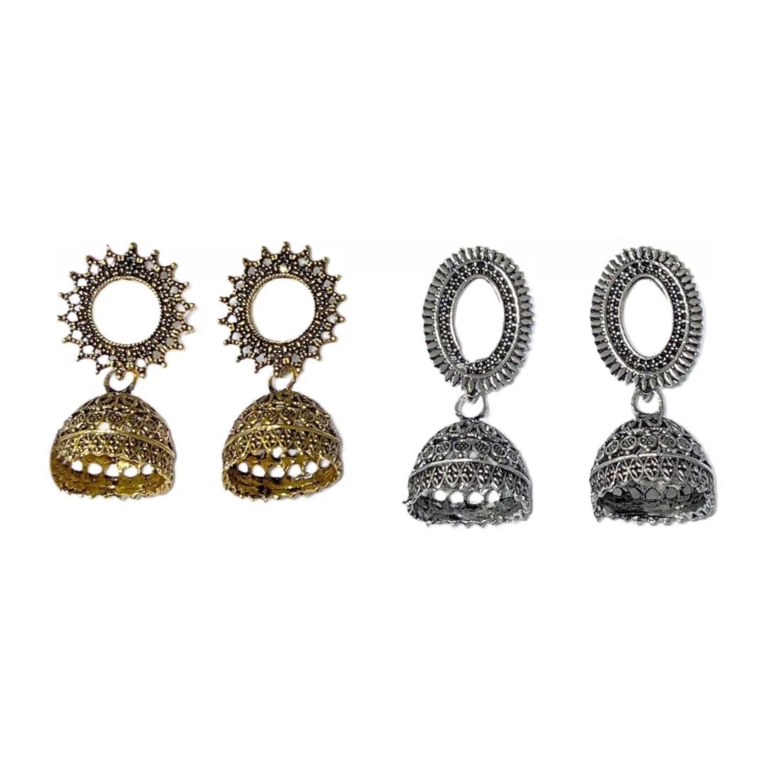 Set Of Two Oxidized Silver & Gold Toned Jhumka Drop Earrings