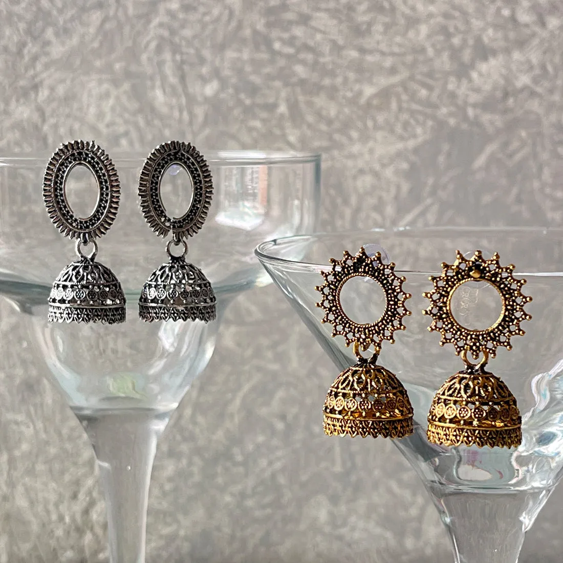 Set Of Two Oxidized Silver & Gold Toned Jhumka Drop Earrings