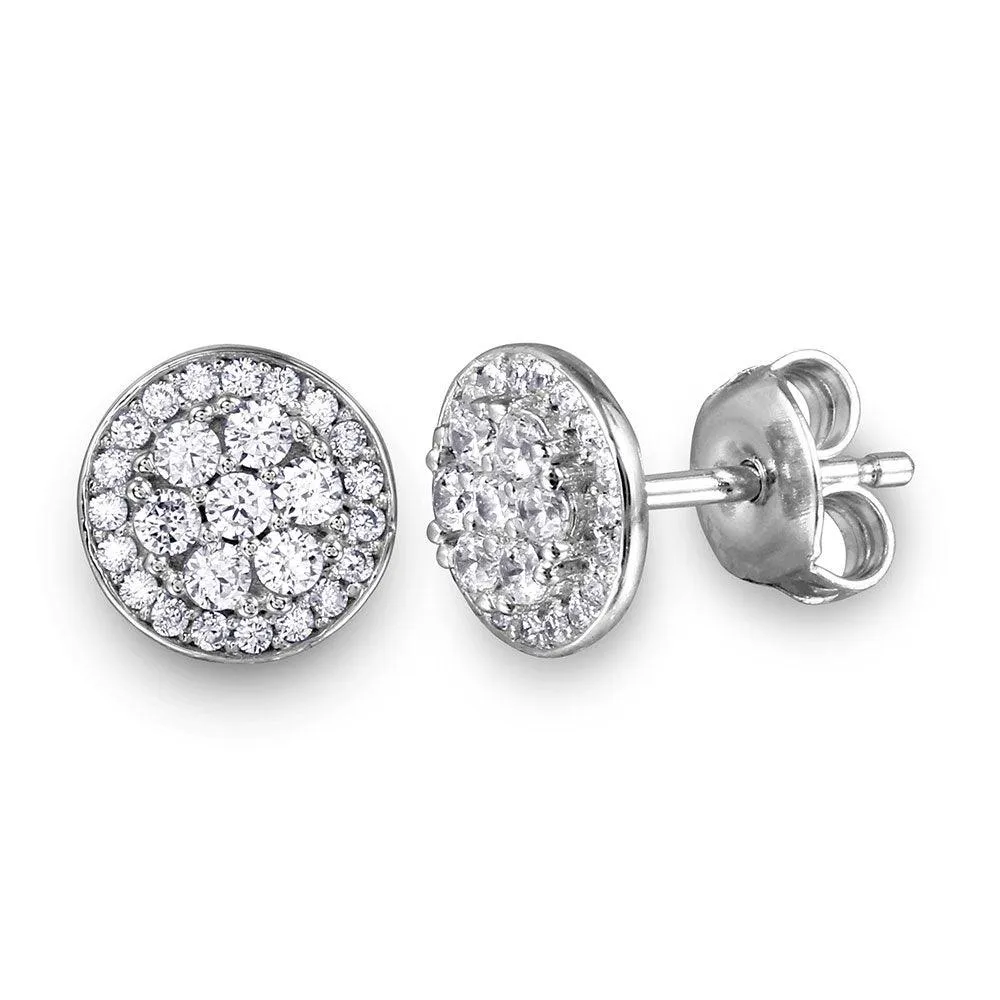 Silver 925 Rhodium Plated CZ Encrusted Double Layer Disc Studs - GME00048