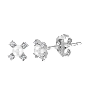 Silver 925 Rhodium Plated CZ Flower Studs with Synthetic Pearl - GME00035RH-WHITE