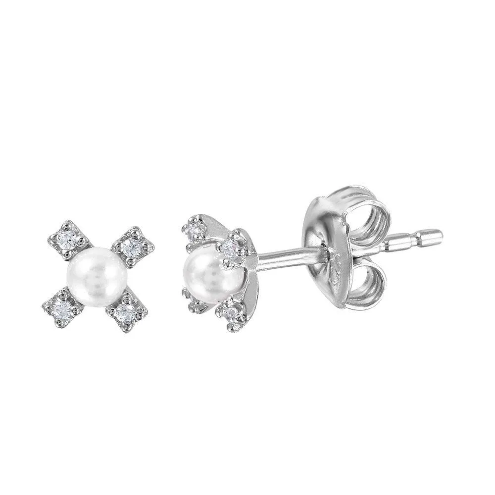 Silver 925 Rhodium Plated CZ Flower Studs with Synthetic Pearl - GME00035RH-WHITE
