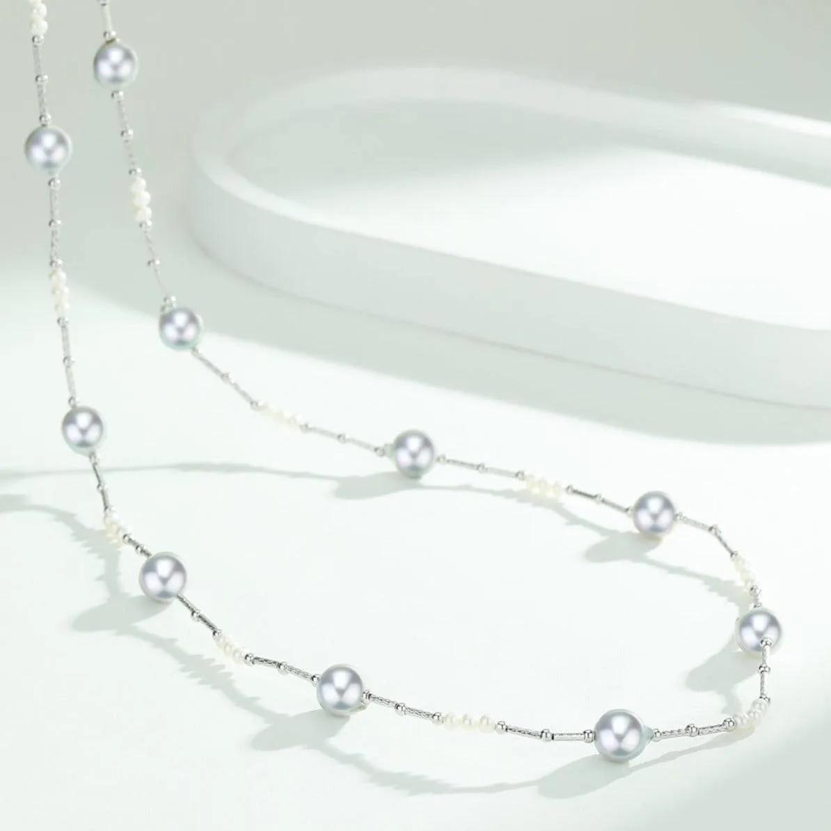 Silver Blue Seawater Tin Cup Beaded Pearl Necklace