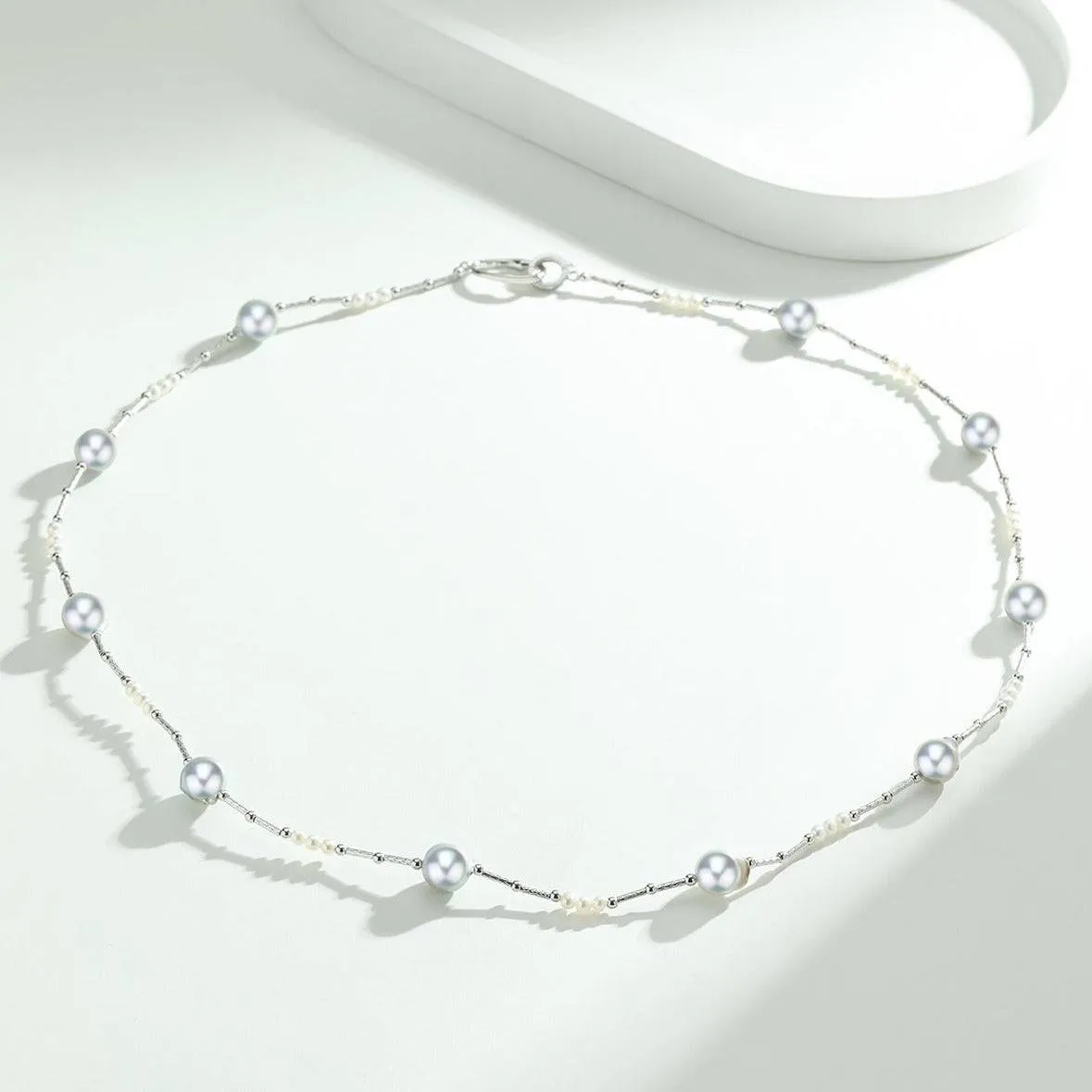 Silver Blue Seawater Tin Cup Beaded Pearl Necklace