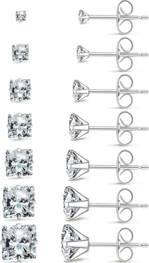 Silver Gold Black Stud Earrings Set 7Pairs Hypoallergenic Cubic Zirconia Titanium Stainless Steel Silver Rose Gold Black CZ Cartilage Stud Earrings Jewelry Sets for Women Men, 2-8mm CZ Studs Earrings