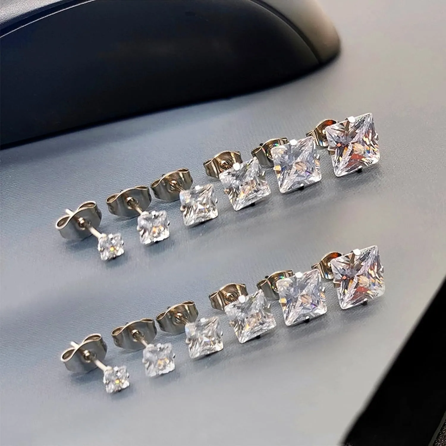 Silver Gold Black Stud Earrings Set 7Pairs Hypoallergenic Cubic Zirconia Titanium Stainless Steel Silver Rose Gold Black CZ Cartilage Stud Earrings Jewelry Sets for Women Men, 2-8mm CZ Studs Earrings