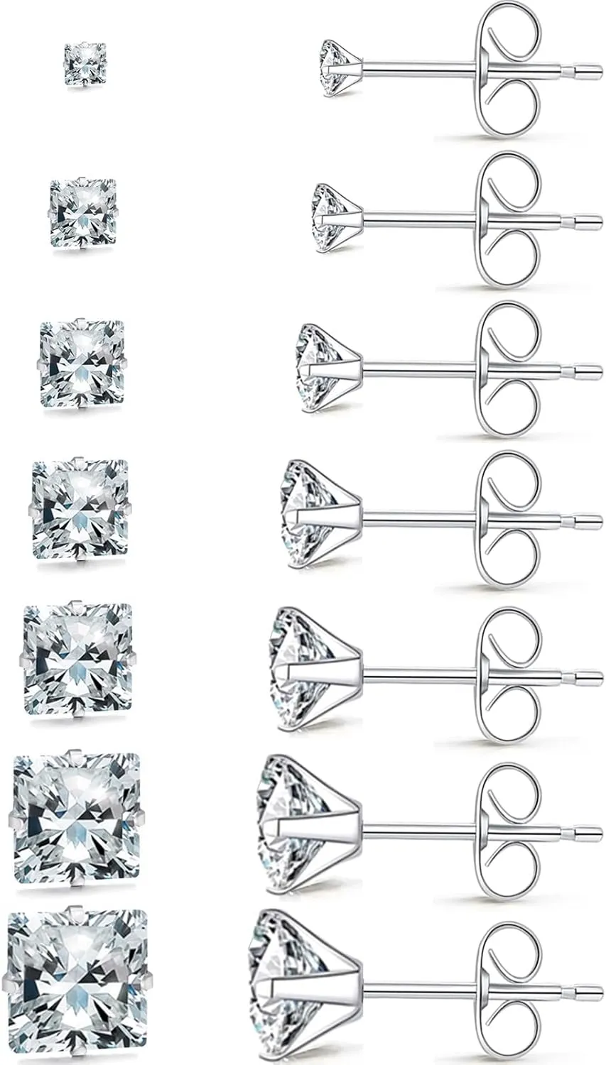 Silver Gold Black Stud Earrings Set 7Pairs Hypoallergenic Cubic Zirconia Titanium Stainless Steel Silver Rose Gold Black CZ Cartilage Stud Earrings Jewelry Sets for Women Men, 2-8mm CZ Studs Earrings