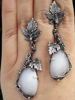 Silver Indian Tribal metal carved leaves long dangle earrings for women