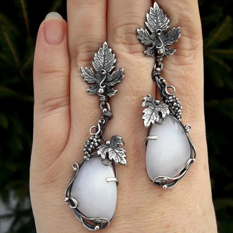 Silver Indian Tribal metal carved leaves long dangle earrings for women