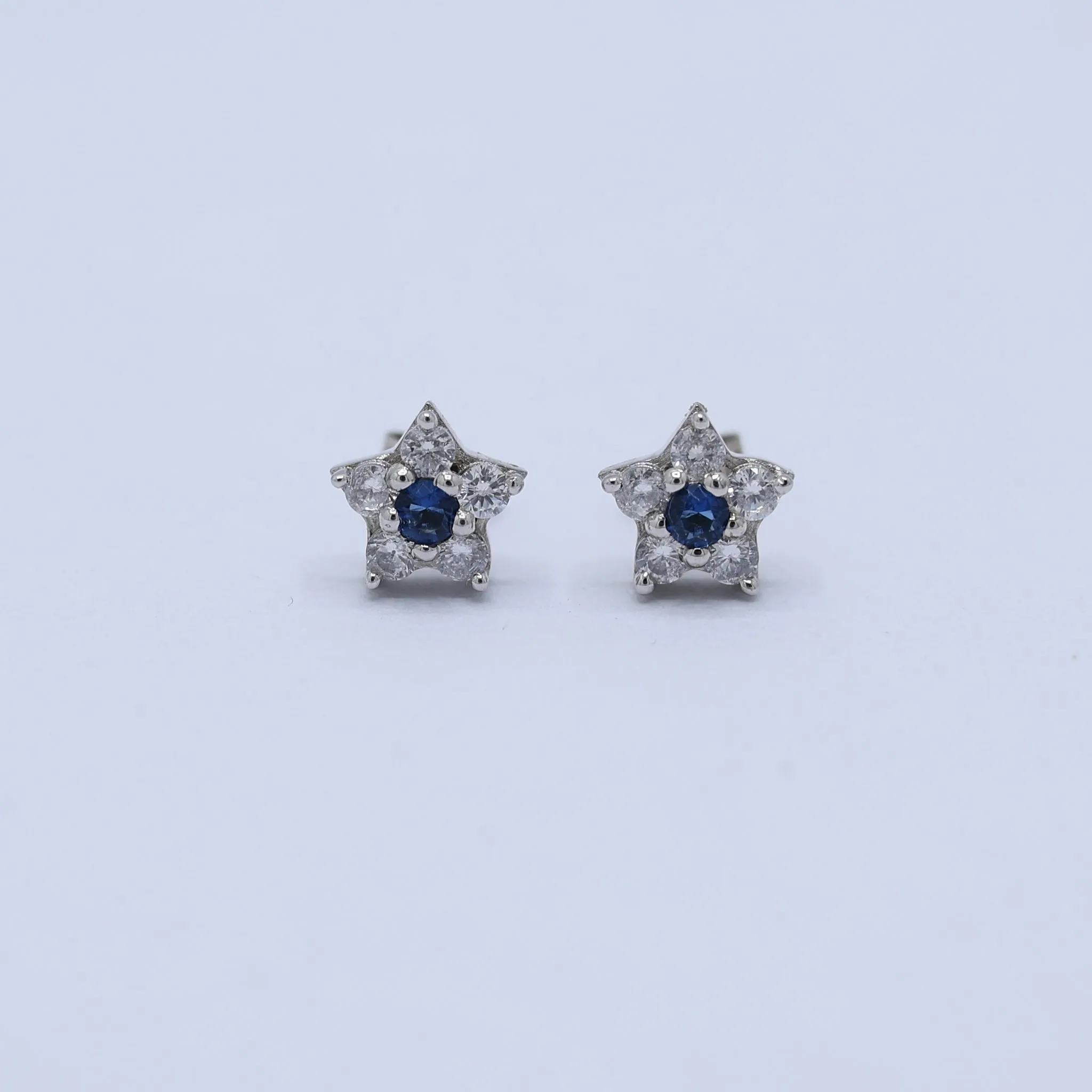 Silver Petite Star Blue Sapphire Stud White Gold Earring For Woman