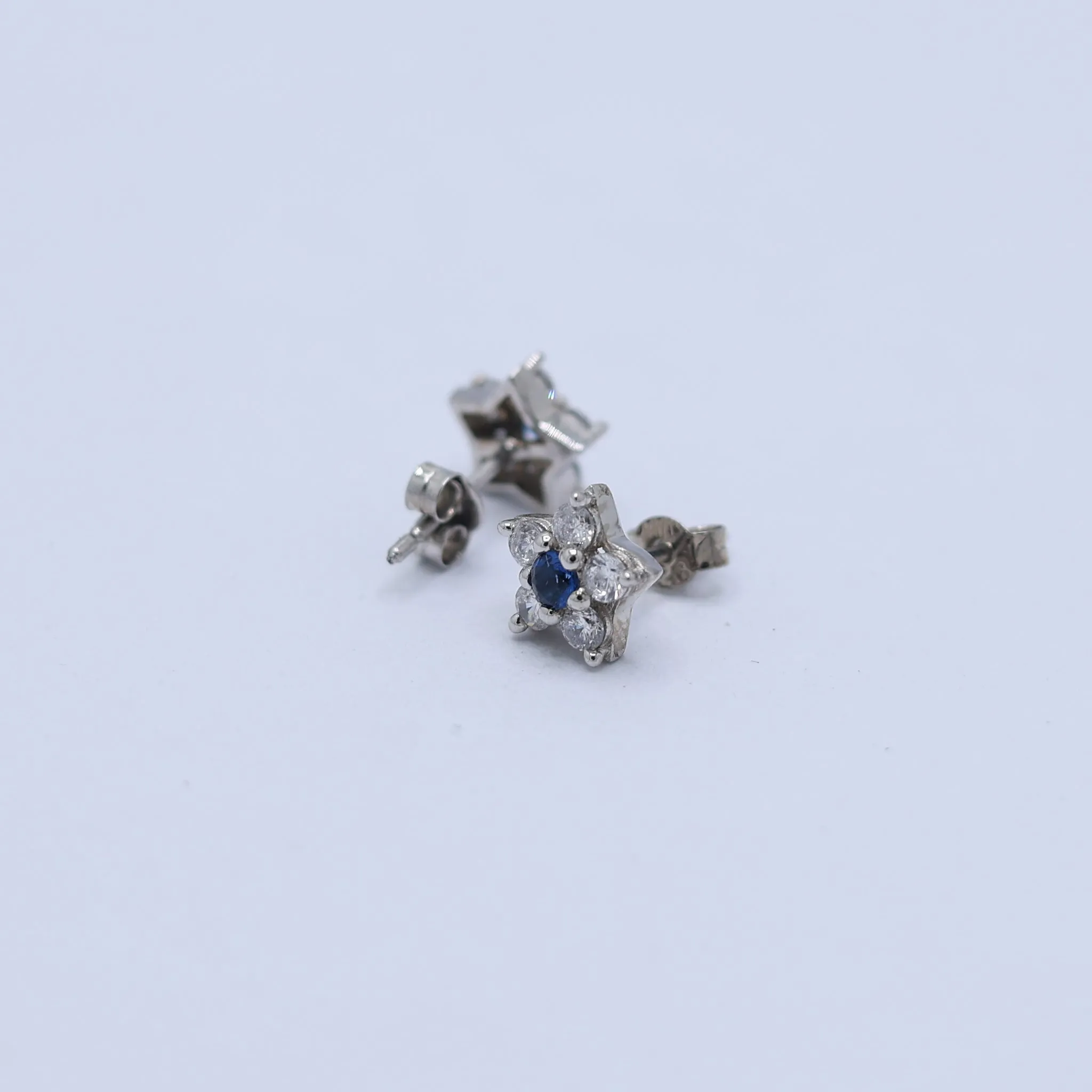 Silver Petite Star Blue Sapphire Stud White Gold Earring For Woman