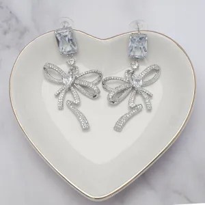 Silver Plated Blue Emerald Cut and White Cubic Zirconia large Bow Earring